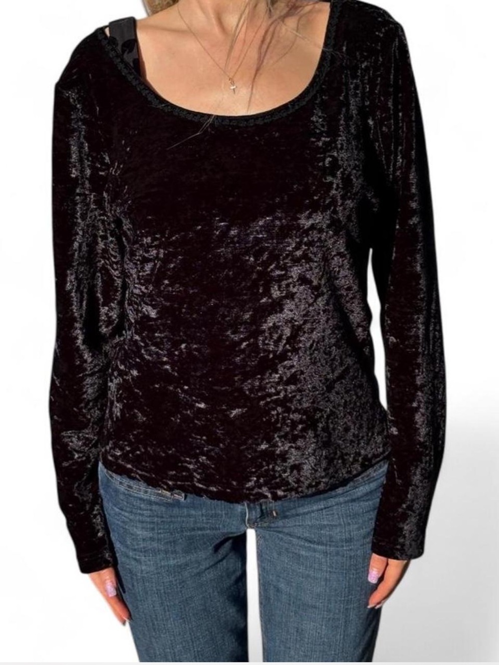Y2K Anchor Blue Black velvet burnout soft velour long sleeve top delicate lace S
